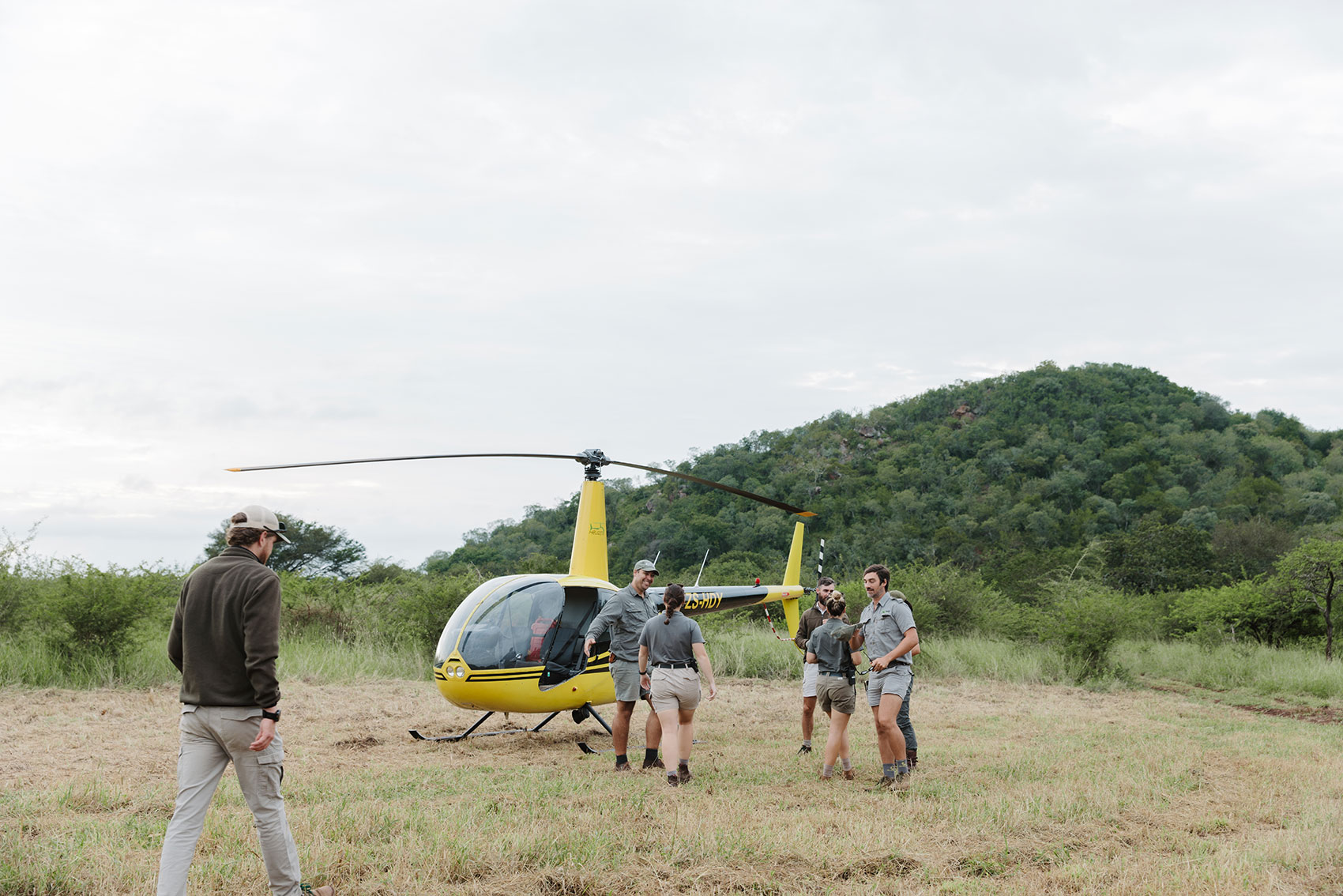 Wildlife ACT helicopter on the ground before a rhino operation, KwaZulu-Natal