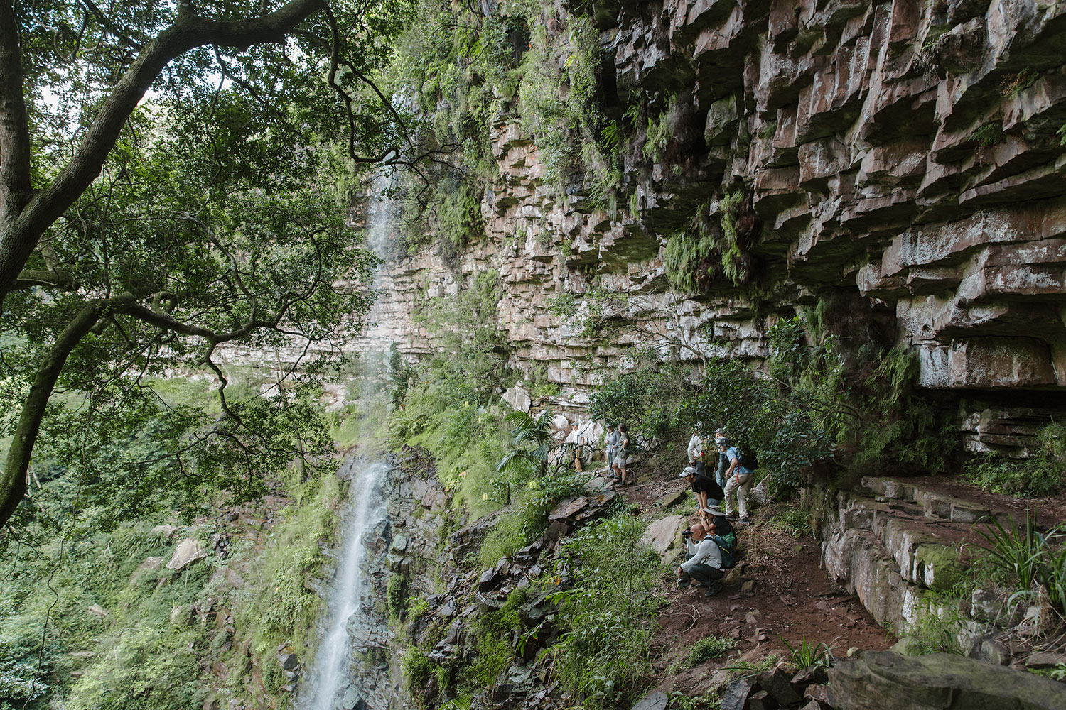 Guests exploring a waterfall and sandstone cliff face