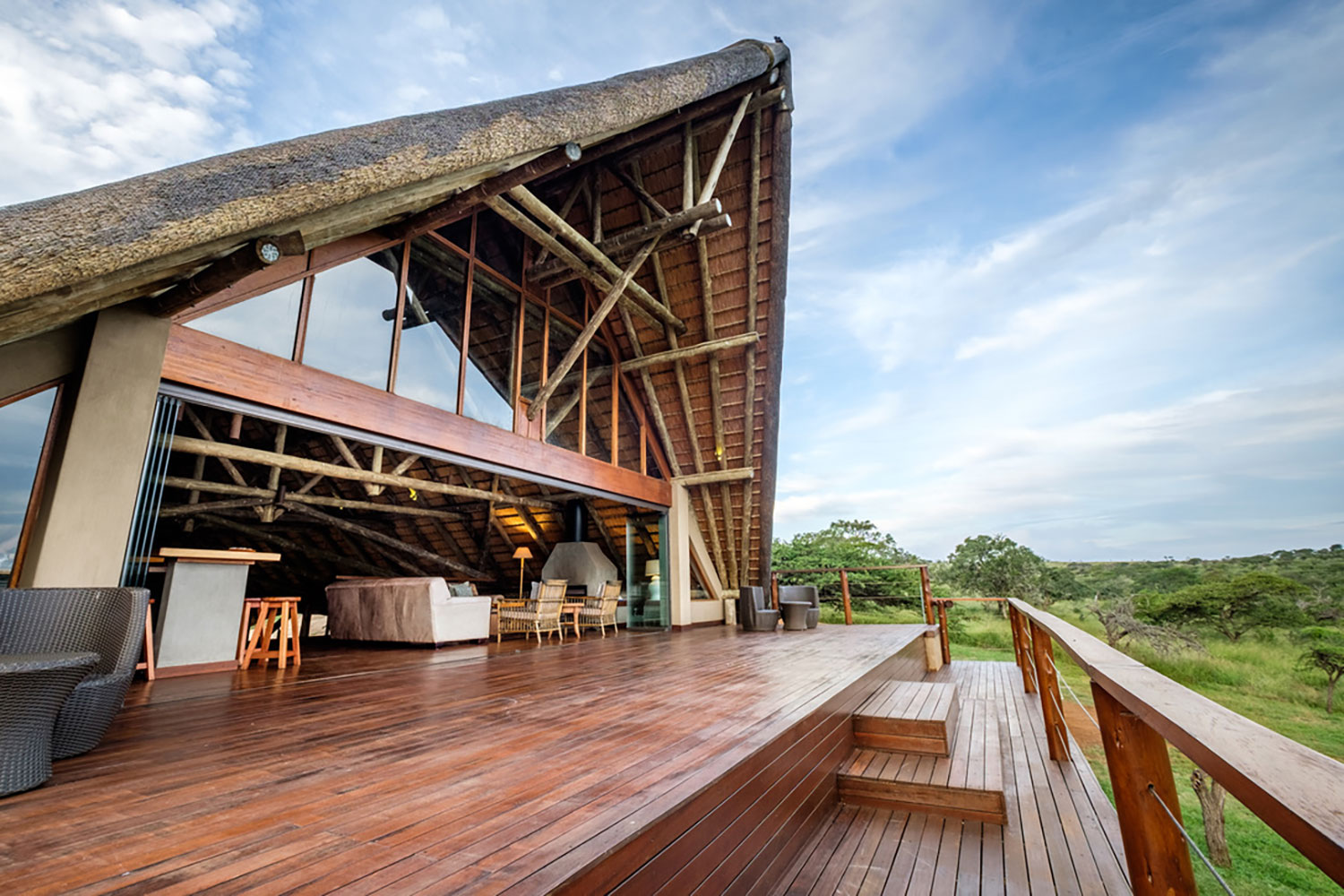 Open-air lodge deck overlooking the reserve